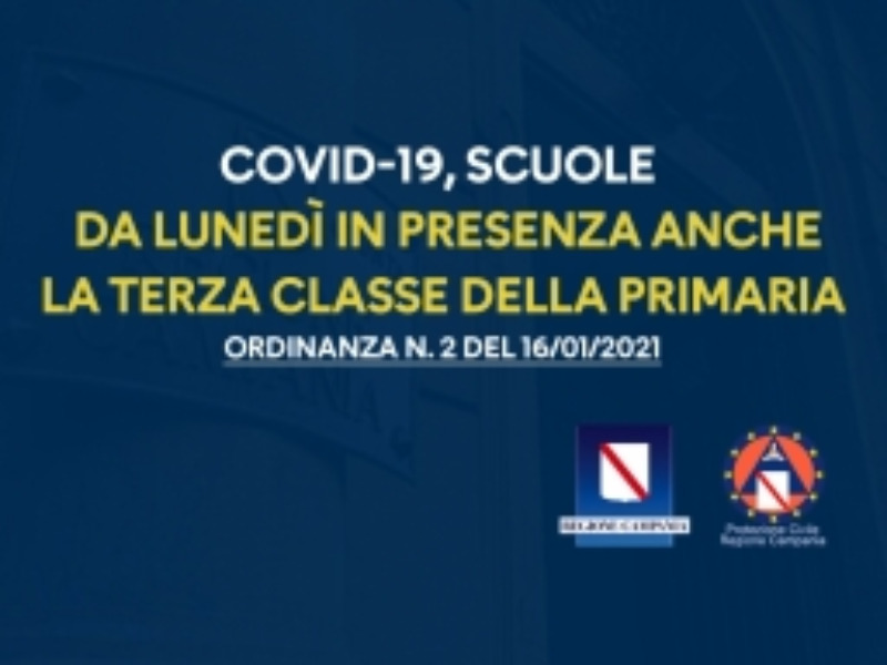 ORDINANZA n.2 del 16/01/2021 - Da Lunedì 18 in presenza anche le terze classi della primaria